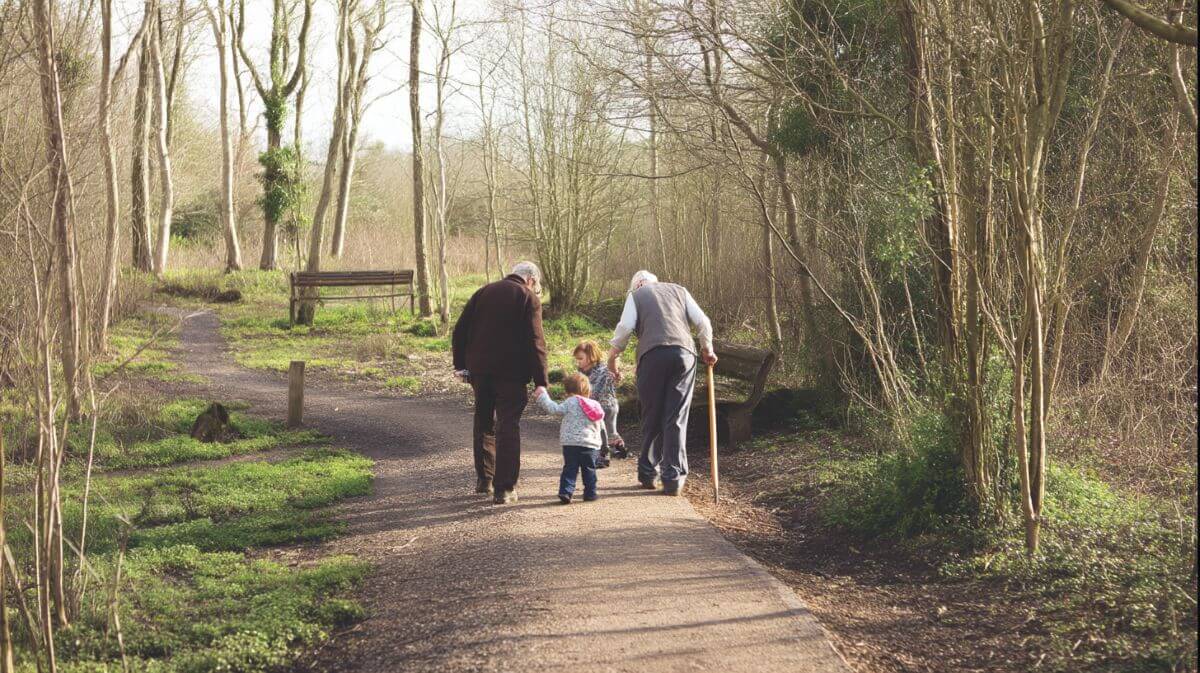 grandparents walkign with kids
